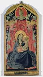 Madonna und Kind mit zwei Engeln und Christus, der aus dem Grab auferstanden ist